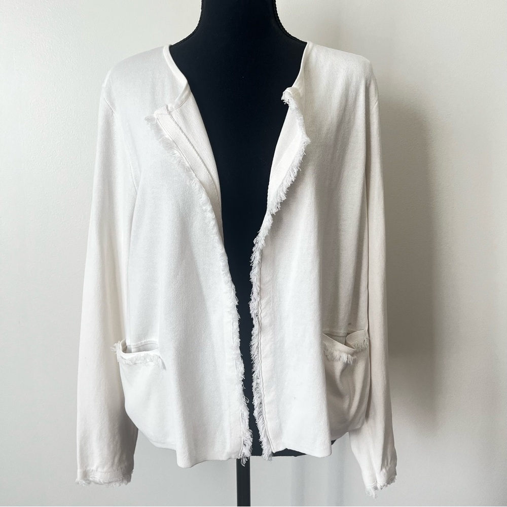 J.‎ McLaughlin Ivory Cotton Knit Frayed Edge Cardigan - SZ XL